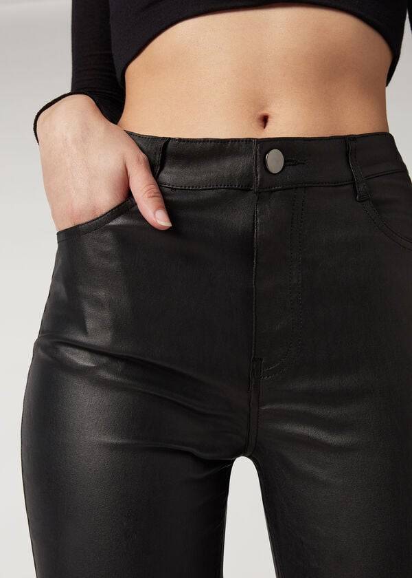 Calças Calzedonia Faux Leather Skinny Pretas | BR2729NB