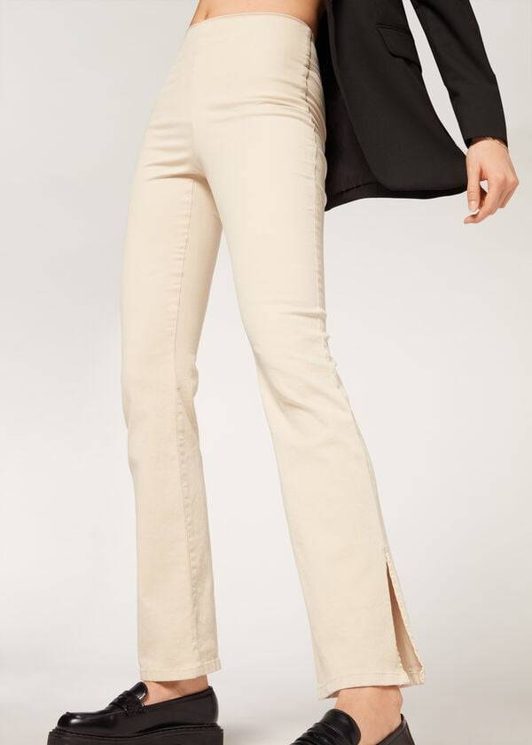 Calças Calzedonia High-Waist Flared in Denim with Slits Marrom Bege | BR2732CE