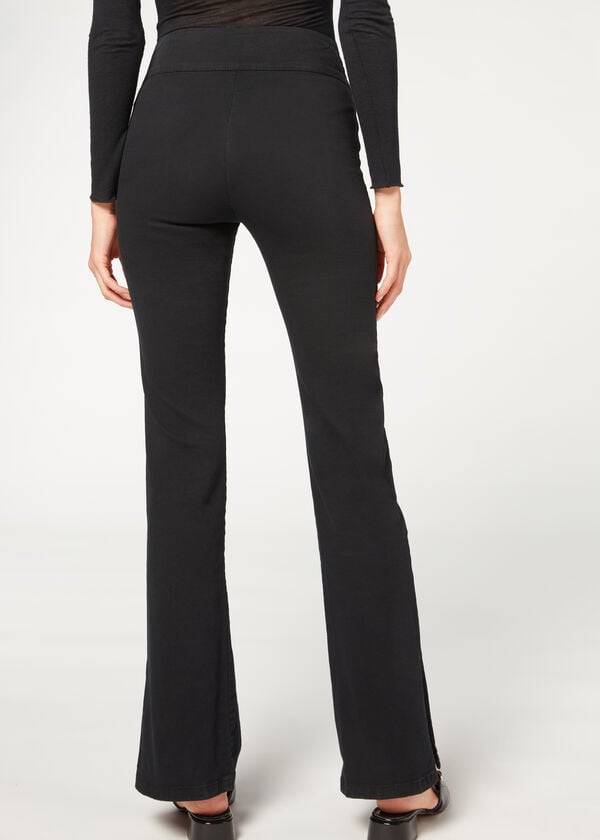 Calças Calzedonia High-Waist Flared in Denim with Slits Pretas | BR2733XF