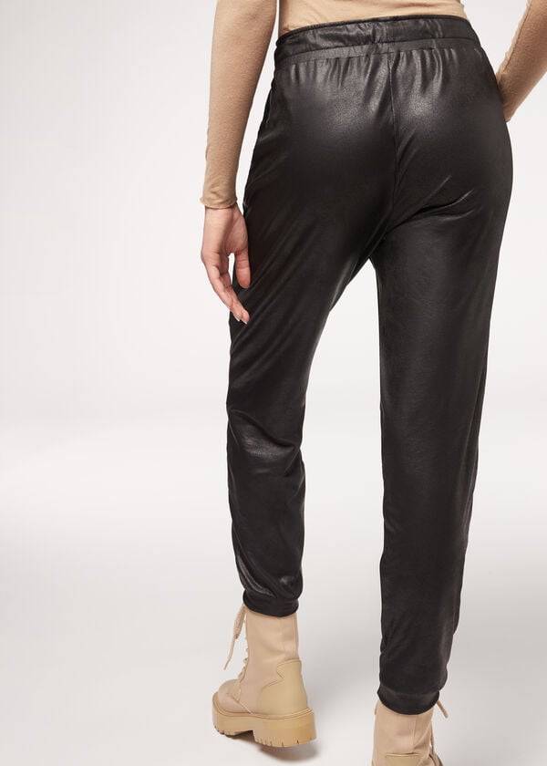 Calças Calzedonia Leather Effect Thermal Pretas | BR2735LH