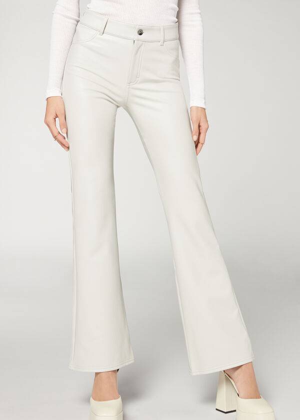 Calças Calzedonia Zip and Button Coated Thermal Flared Branco | BR2744PQ