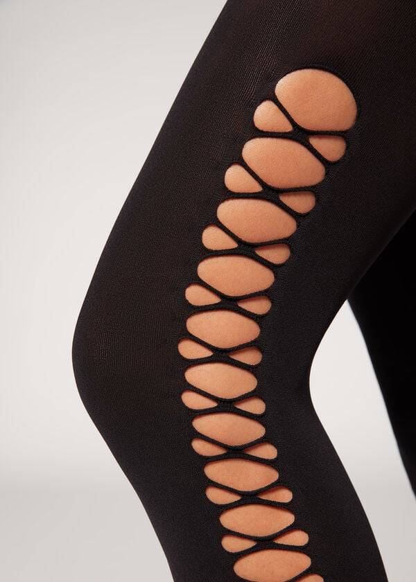 Collants Calzedonia Crisscross Cut-Out Opaque 90 Denier Patterned Pretas | BR1090QZ