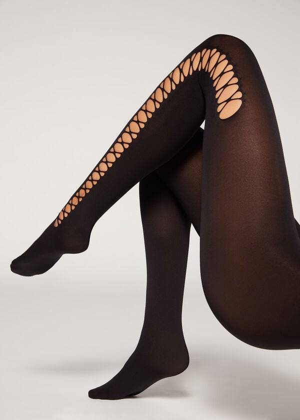 Collants Calzedonia Crisscross Cut-Out Opaque 90 Denier Patterned Pretas | BR1090QZ