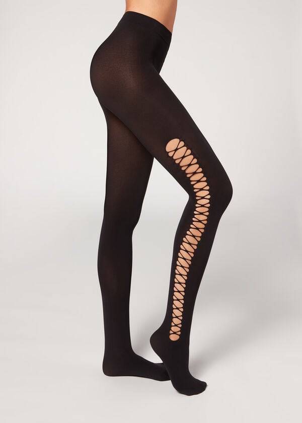 Collants Calzedonia Crisscross Cut-Out Opaque 90 Denier Patterned Pretas | BR1090QZ