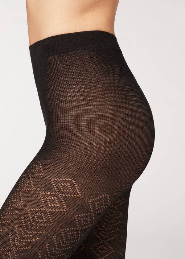 Collants Calzedonia Diamond Pattern with Cashmere Patterned Pretas | BR1093RW