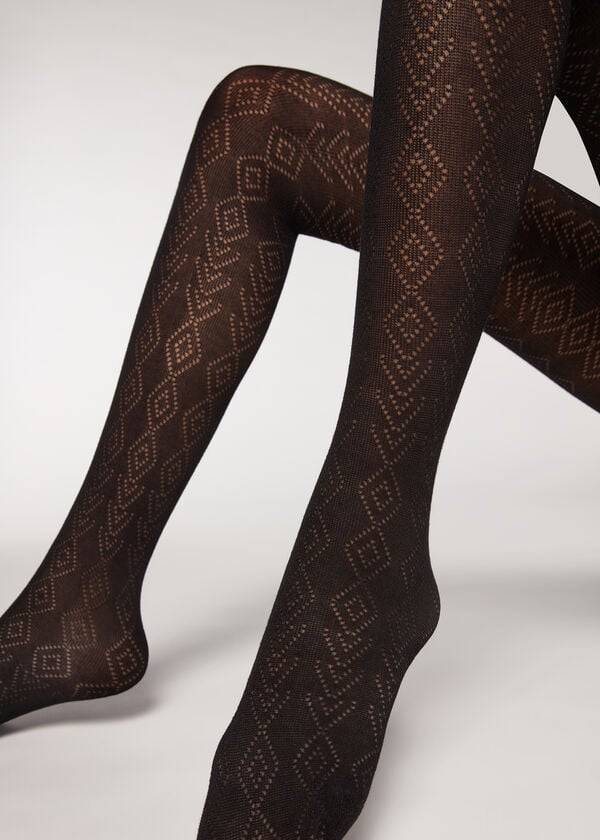 Collants Calzedonia Diamond Pattern with Cashmere Patterned Pretas | BR1093RW