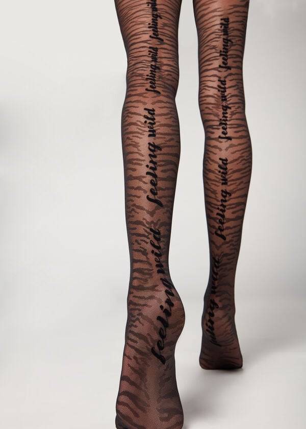 Collants Calzedonia Flocked Tiger Text 50 Denier Patterned Pretas | BR1097IS