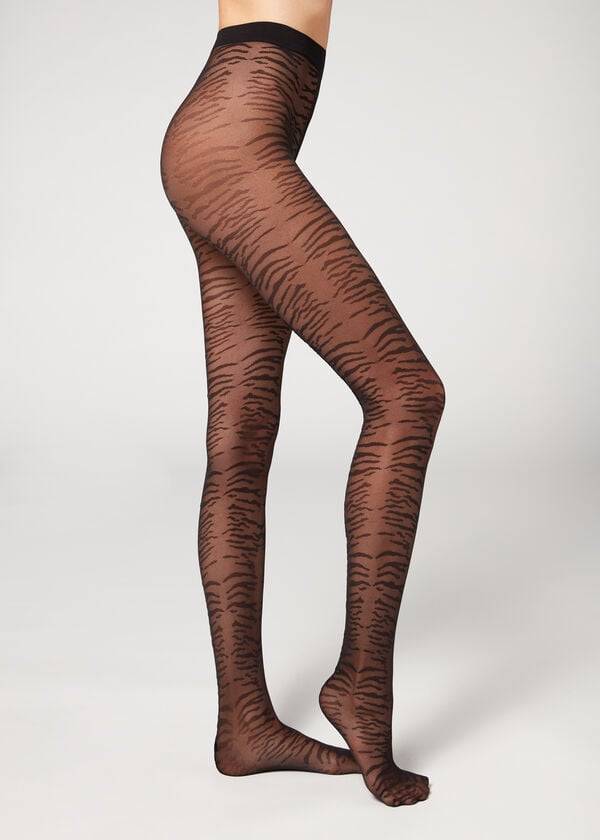 Collants Calzedonia Flocked Tiger Text 50 Denier Patterned Pretas | BR1097IS