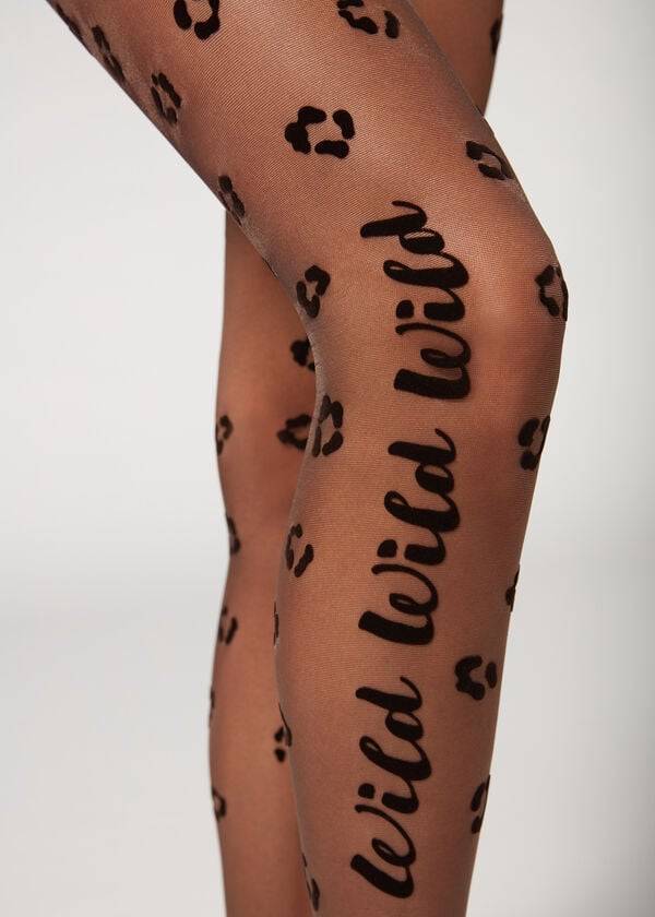 Collants Calzedonia Flocked Wild Print 30 Denier Patterned Pretas | BR1098OR