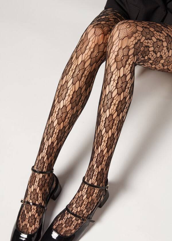 Collants Calzedonia Floral-Motif Fishnet Patterned Pretas | BR1101SO