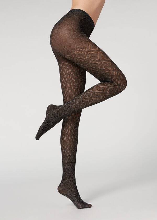 Collants Calzedonia Glitter Diamond Pattern Patterned Pretas Prateadas | BR1107KI