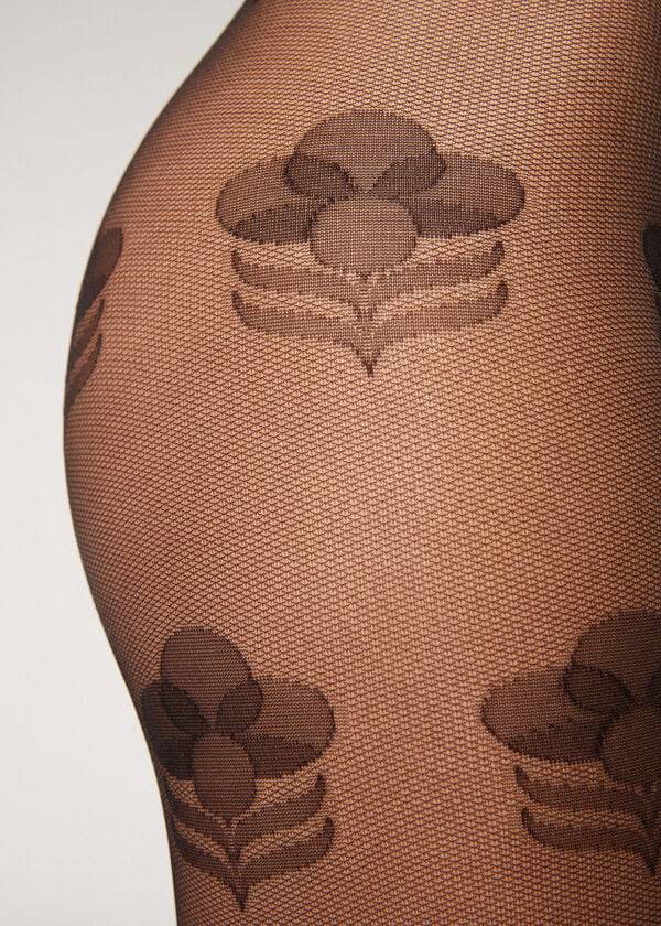 Collants Calzedonia Large Floral Tulle Patterned Pretas | BR1109ZG