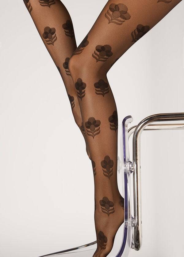 Collants Calzedonia Large Floral Tulle Patterned Pretas | BR1109ZG