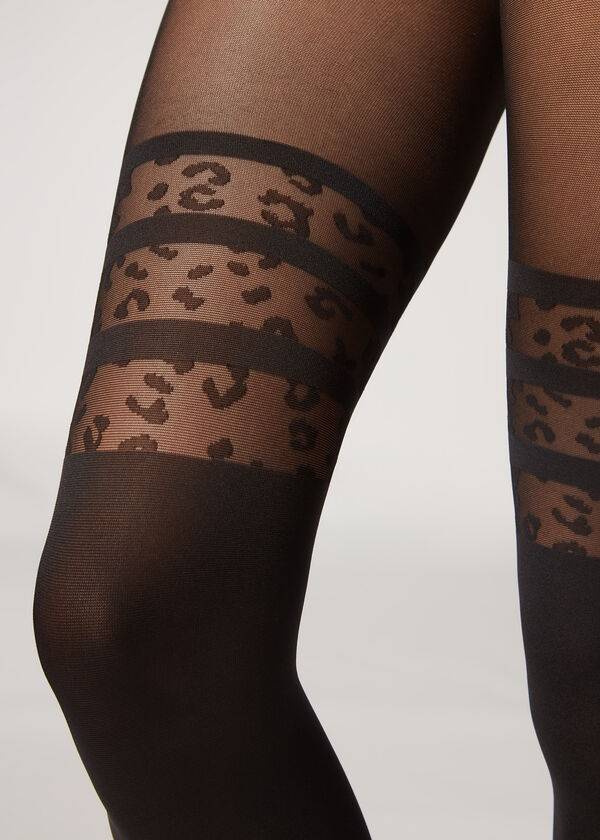 Collants Calzedonia Longuette-Effect Animal-Print Patterned Pretas | BR1110XF