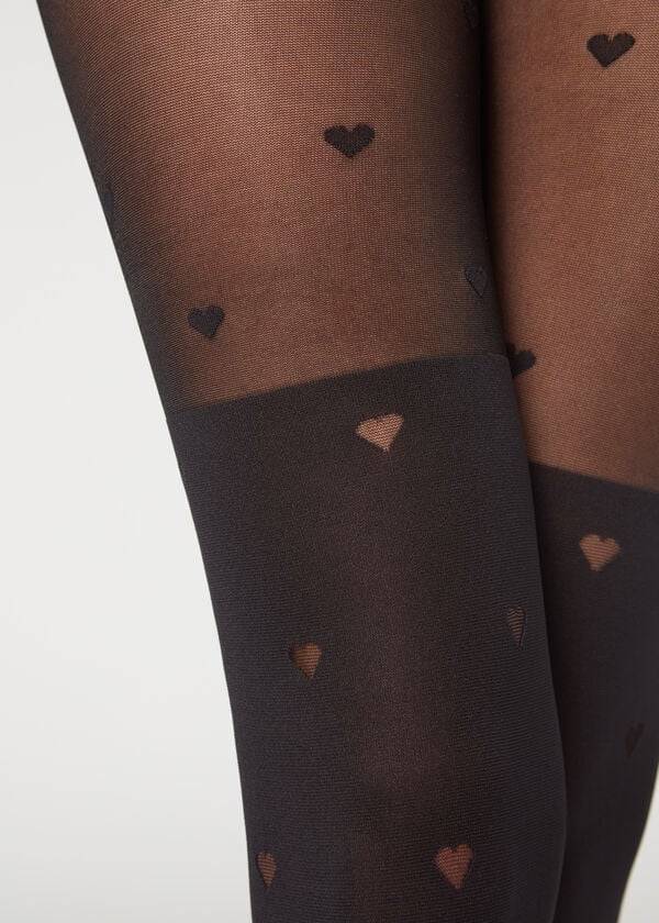 Collants Calzedonia Longuette-Effect Mini Heart-Motif Patterned Pretas | BR1111CE