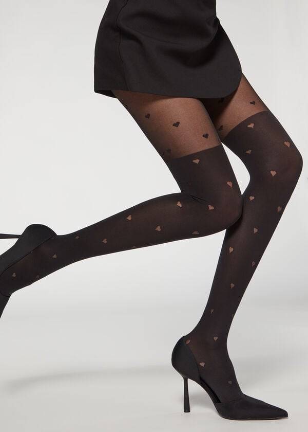 Collants Calzedonia Longuette-Effect Mini Heart-Motif Patterned Pretas | BR1111CE