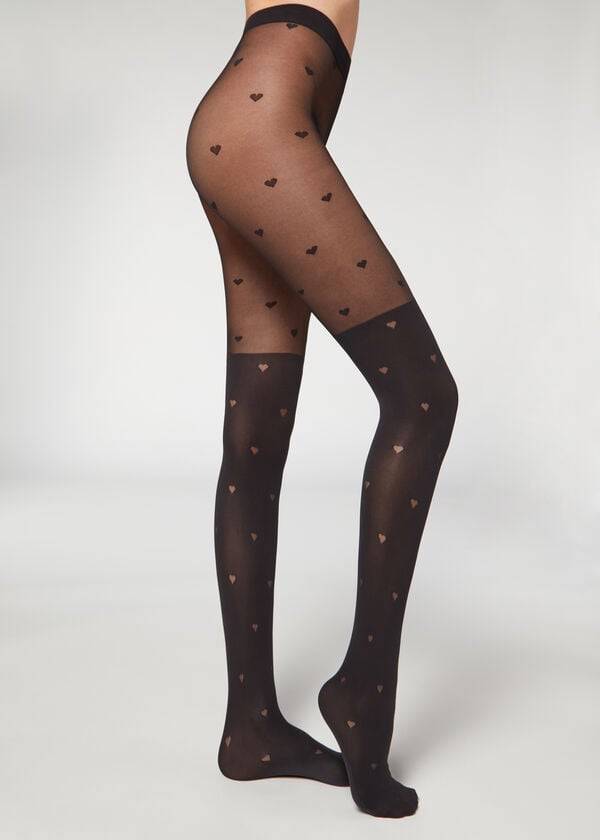 Collants Calzedonia Longuette-Effect Mini Heart-Motif Patterned Pretas | BR1111CE