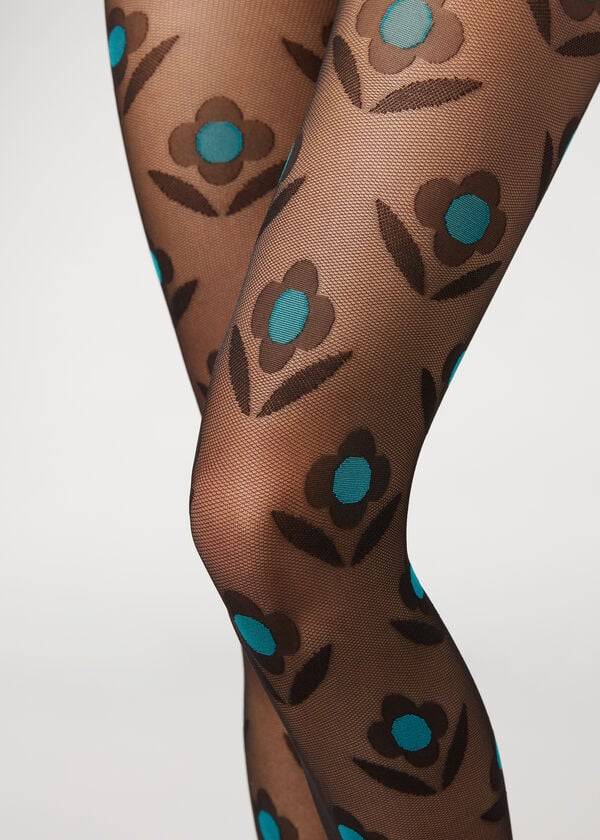 Collants Calzedonia Macro Daisy Micronet Patterned Pretas Azuis | BR1113BC