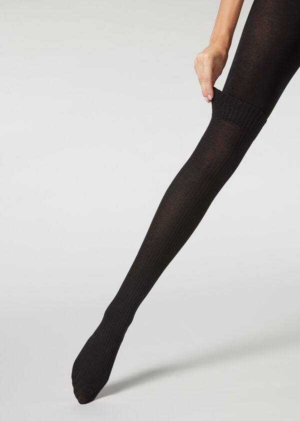 Collants Calzedonia Ribbed Longuette Effect with Cashmere Patterned Pretas | BR1125PQ