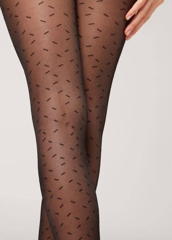 Collants Calzedonia Sheer 30 Denier All-Over Dash Patterned Pretas | BR1127SO