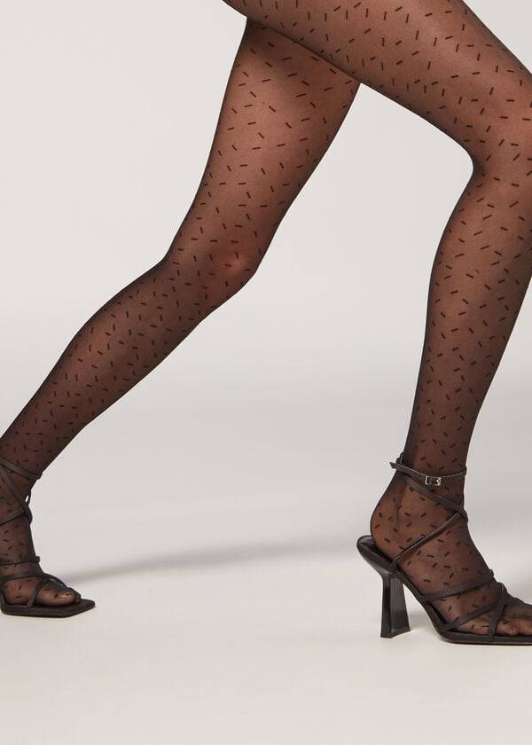 Collants Calzedonia Sheer 30 Denier All-Over Dash Patterned Pretas | BR1127SO