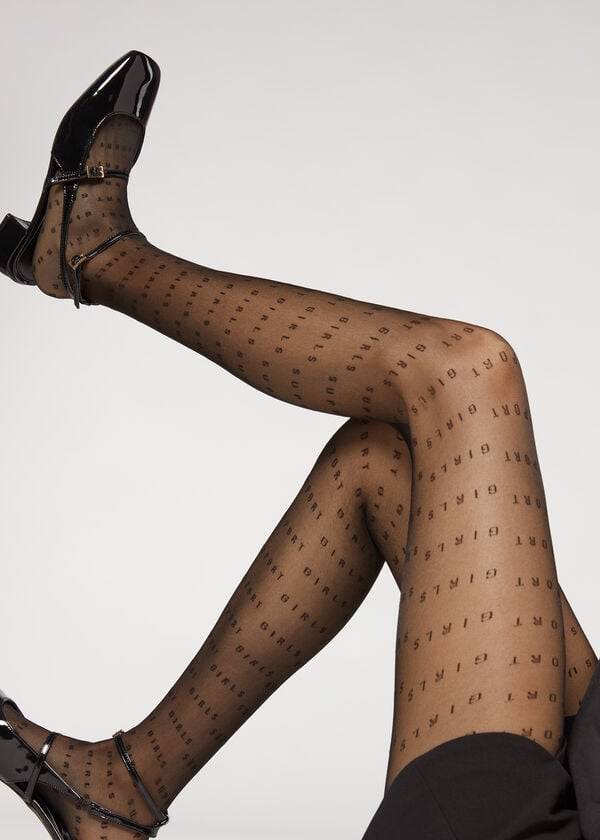 Collants Calzedonia Sheer 30 Denier Support Text Patterned Pretas | BR1131HK