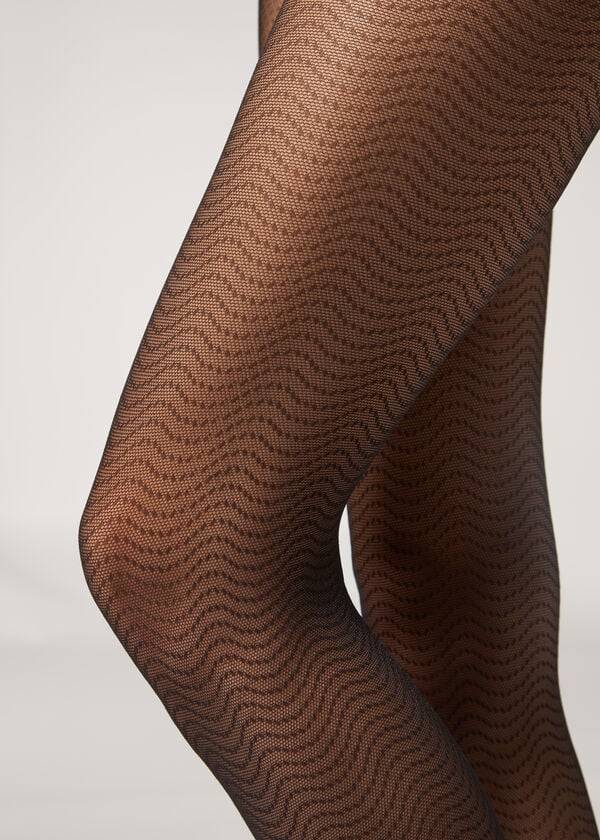 Collants Calzedonia Wave-Motif Micronet Patterned Pretas | BR1133KI