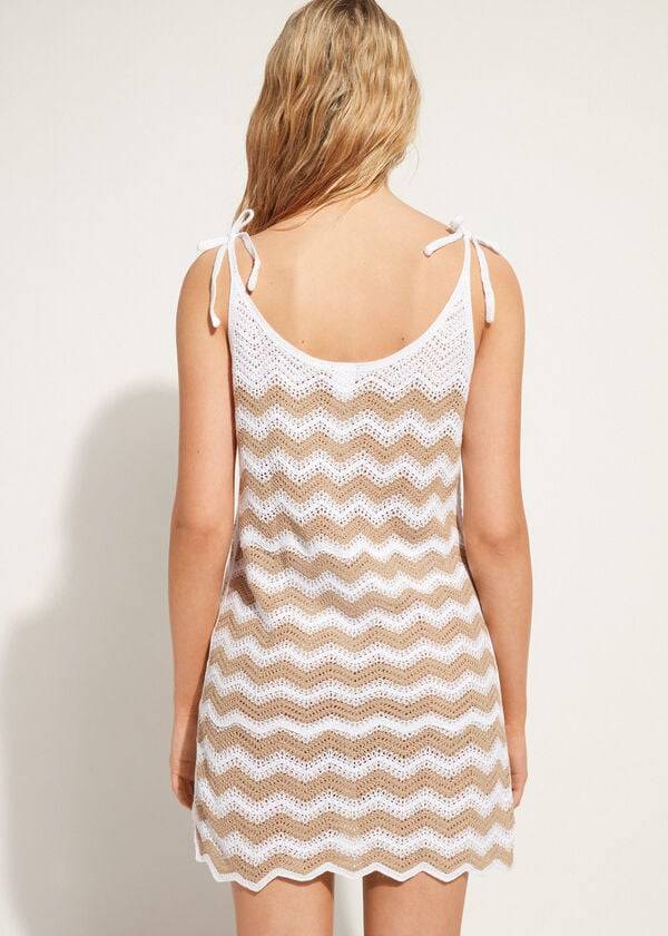 Cover Ups Calzedonia Crochet Dress with Chevron Motif Branco Bege | BR2072XF