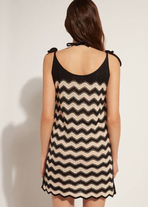 Cover Ups Calzedonia Crochet Dress with Chevron Motif Pretas Bege | BR2073CE