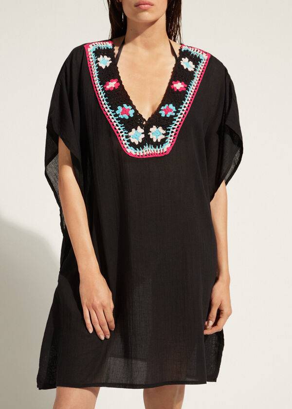 Cover Ups Calzedonia Crochet Neckline Kaftan Pretas | BR2074VD