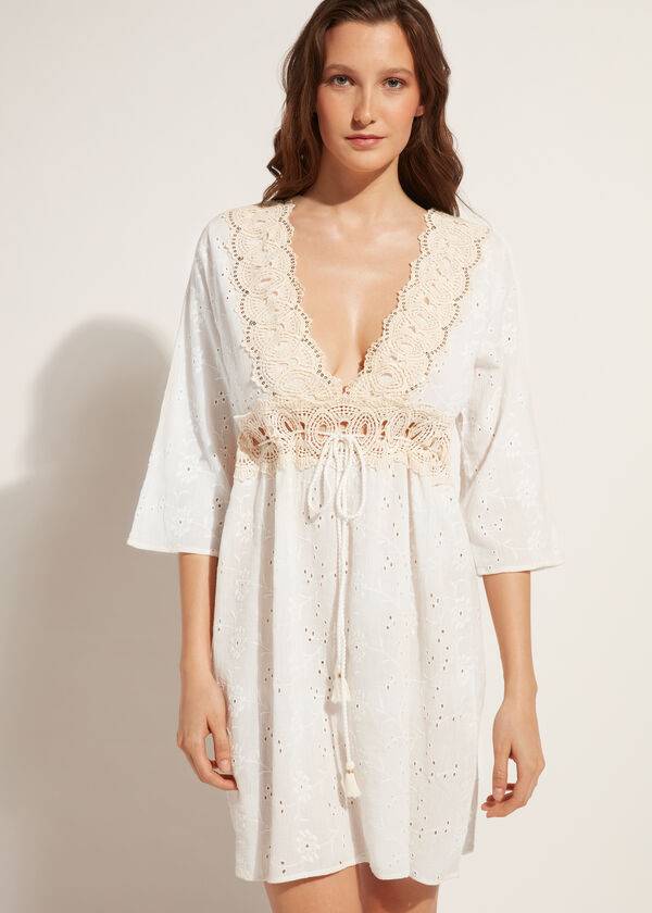 Cover Ups Calzedonia Dress in Sangallo Lace and Sequins Branco | BR2077MA