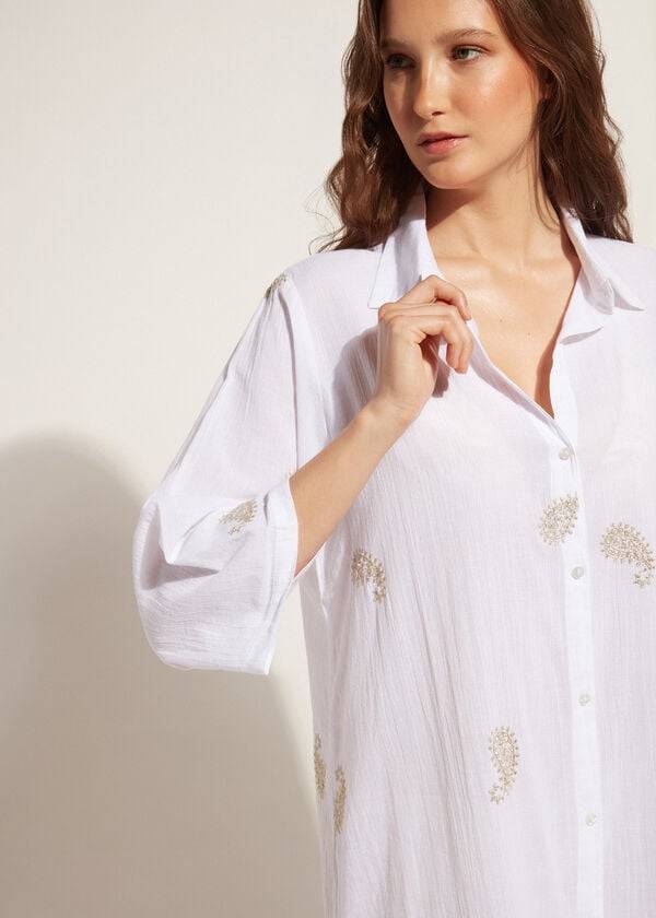 Cover Ups Calzedonia Embroidered Paisley Lamé Midi Shirt Branco | BR2079WY