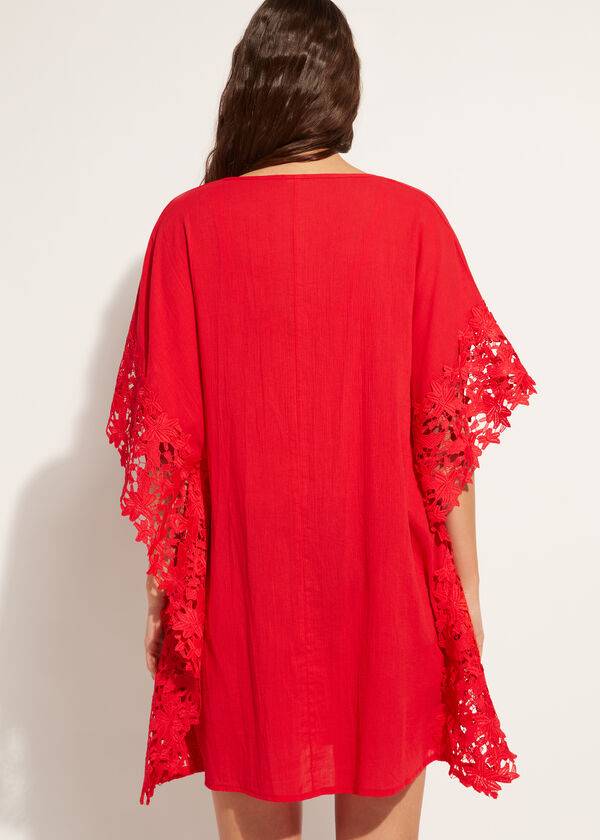 Cover Ups Calzedonia Floral Macramé Lace Caftan Vermelhas | BR2080EX