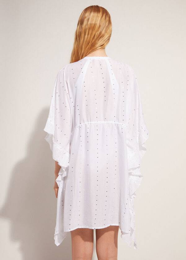 Cover Ups Calzedonia Kimono Caftan with Sangallo Lace and Sequins Branco | BR2085IS