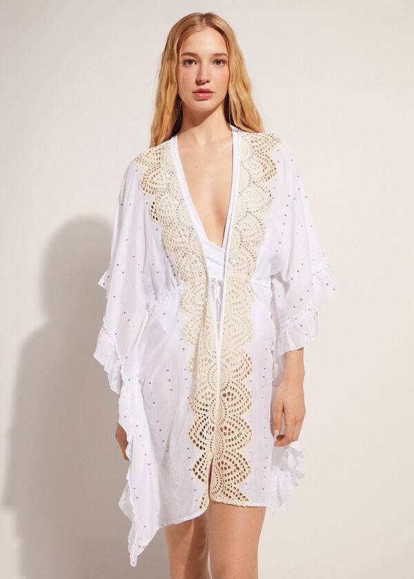 Cover Ups Calzedonia Kimono Caftan with Sangallo Lace and Sequins Branco | BR2085IS