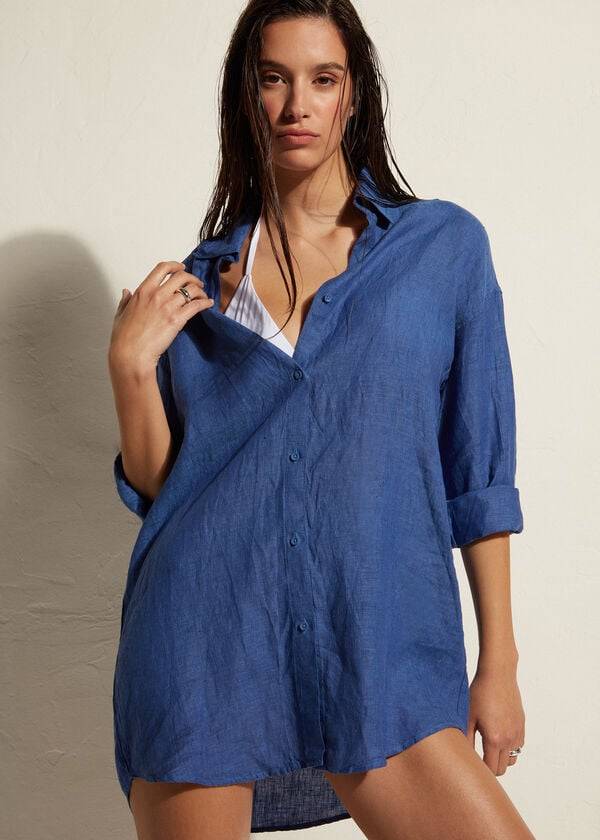 Cover Ups Calzedonia Linen Shirt Azuis | BR2091FM