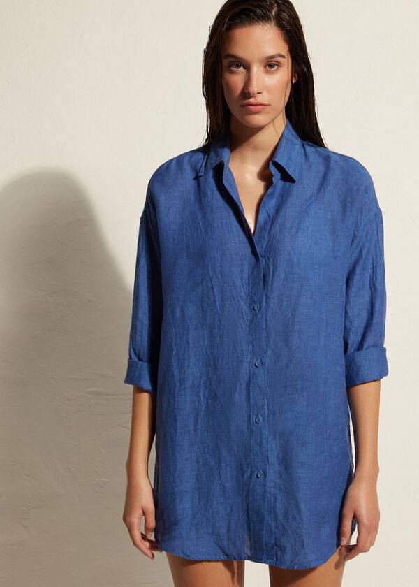 Cover Ups Calzedonia Linen Shirt Azuis | BR2091FM