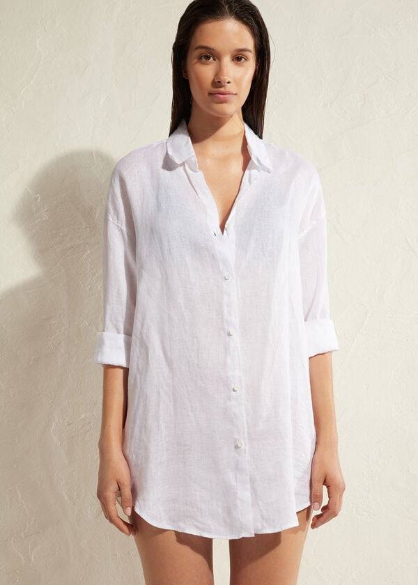 Cover Ups Calzedonia Linen Shirt Branco | BR2093HK