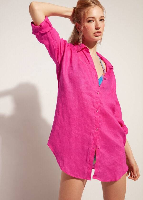 Cover Ups Calzedonia Linen Shirt Rosa | BR2096LH