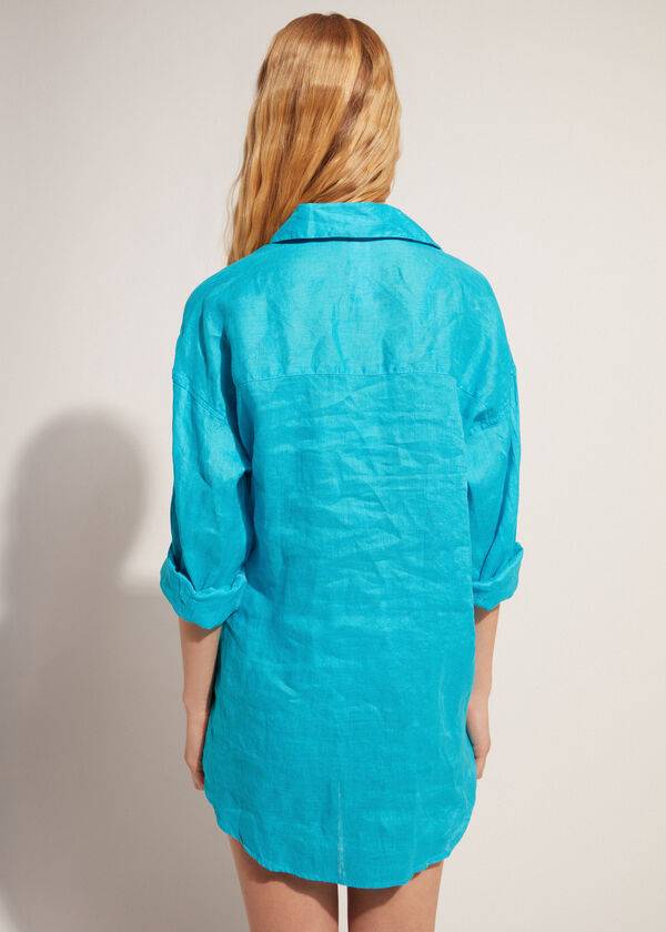 Cover Ups Calzedonia Linen Shirt Turquesa Verdes | BR2094JJ