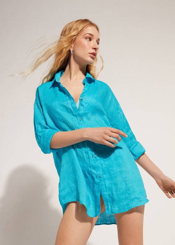 Cover Ups Calzedonia Linen Shirt Turquesa Verdes | BR2094JJ