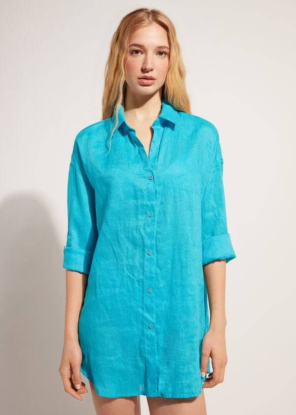 Cover Ups Calzedonia Linen Shirt Turquesa Verdes | BR2094JJ