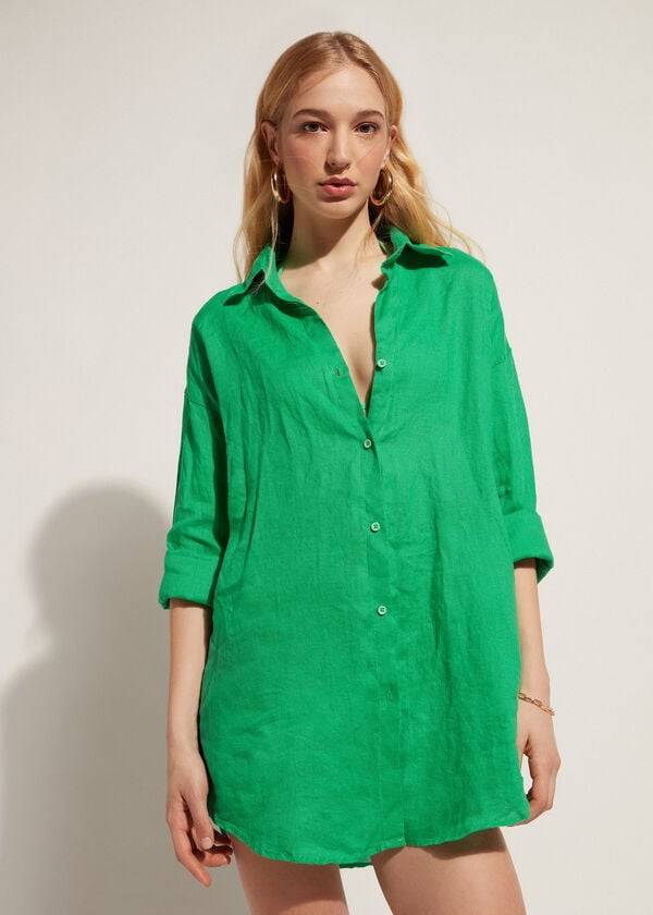 Cover Ups Calzedonia Linen Shirt Verdes | BR2088AP