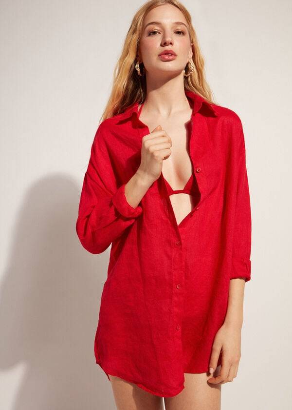 Cover Ups Calzedonia Linen Shirt Vermelhas | BR2095KI