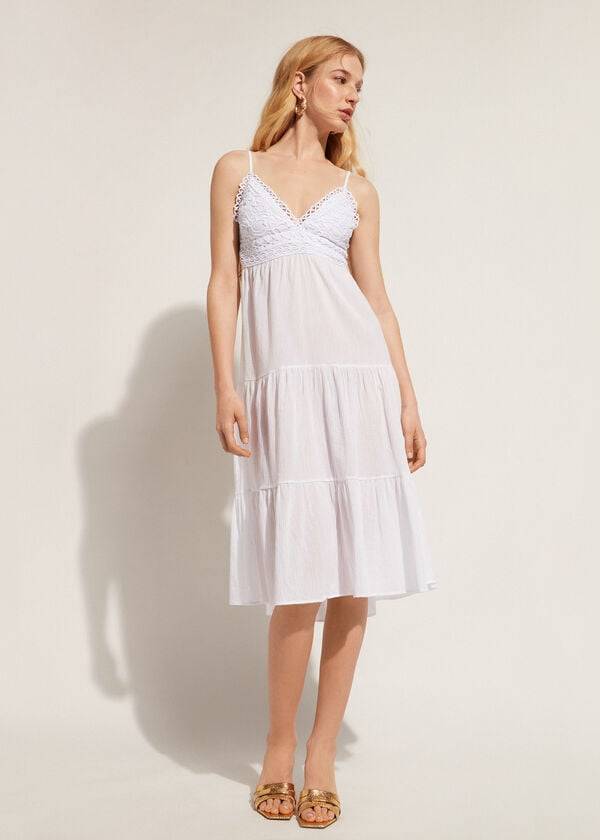 Cover Ups Calzedonia Midi Dress in Macramé Lace and Ruffled Skirt Branco | BR2104QZ