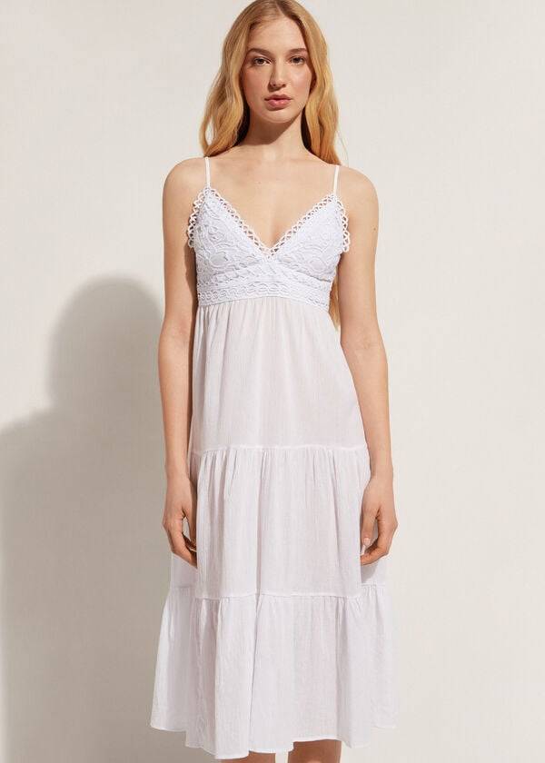 Cover Ups Calzedonia Midi Dress in Macramé Lace and Ruffled Skirt Branco | BR2104QZ