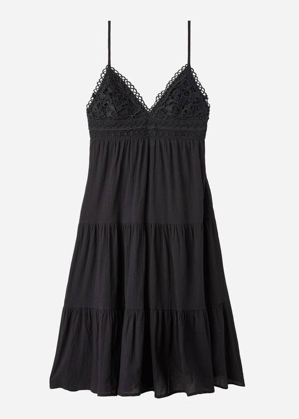 Cover Ups Calzedonia Midi Dress in Macramé Lace and Ruffled Skirt Pretas | BR2105WY