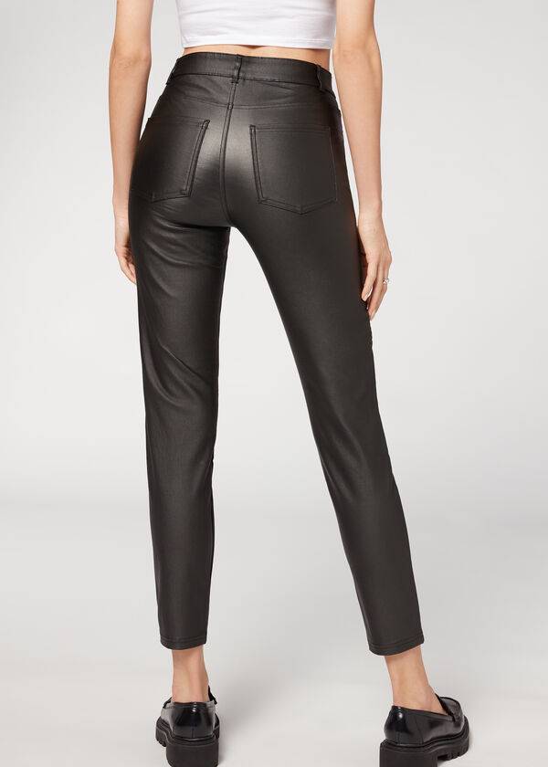 Leggings Calzedonia Coated Skinny Biker Pretas | BR2629PQ