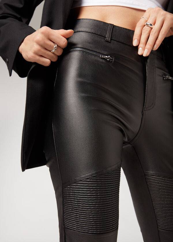 Leggings Calzedonia Coated Skinny Biker Pretas | BR2629PQ