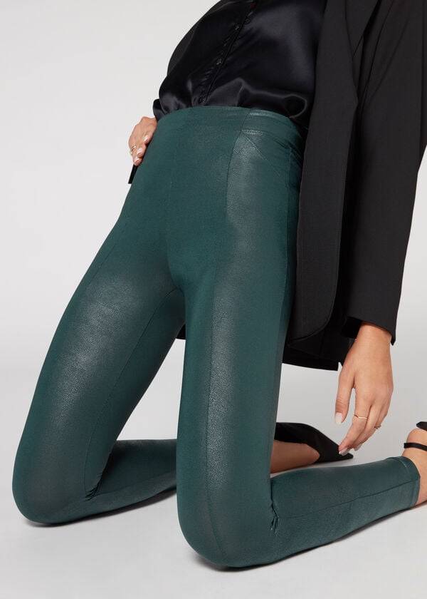 Leggings Calzedonia Coated Total Shaper Biker Verdes | BR2633YU